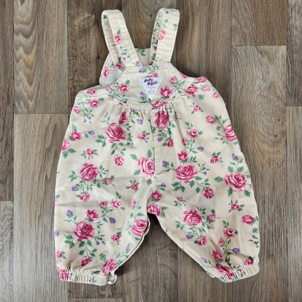 Vintage Baby B'gosh Bubble Corduroy‎ Overalls Vestback Floral Print 6-9 Months